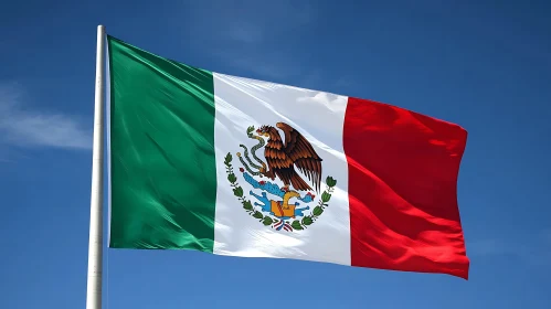 Mexican National Flag Against Blue Sky