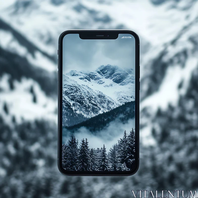 AI ART Snowy Peaks Displayed on Phone Screen