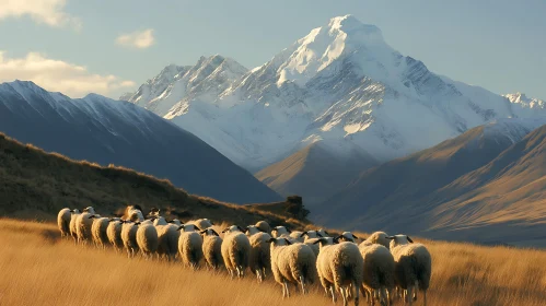 Flock of Sheep in Mountain Valley