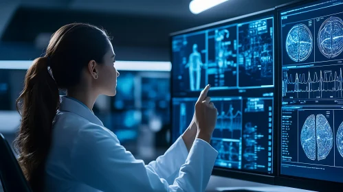 Woman Analyzing Medical Scans on Monitors