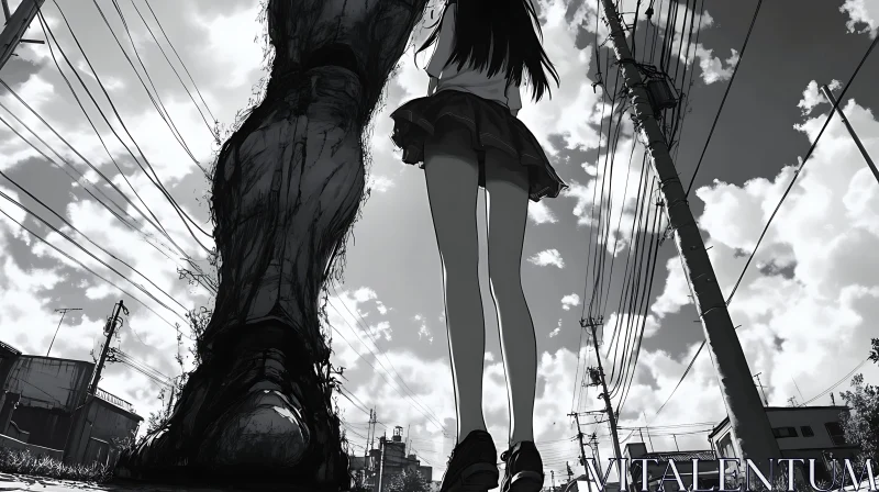 Anime Giant and Girl on Urban Street AI Image