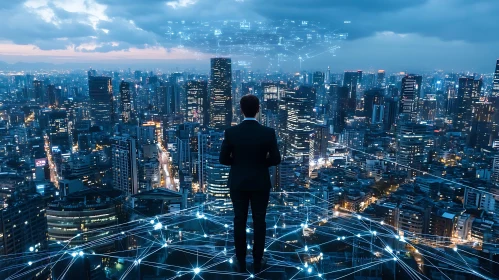 Man Overlooking City with Digital Network