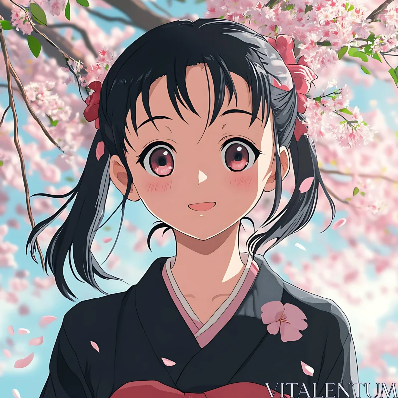 Charming Anime Girl with Sakura Blossoms AI Image