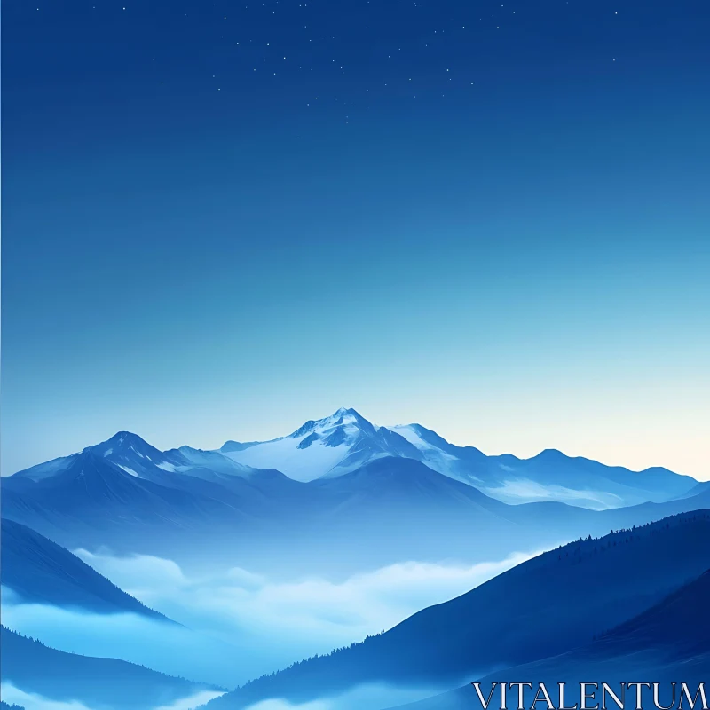 Snowy Peaks in Blue Hues AI Image