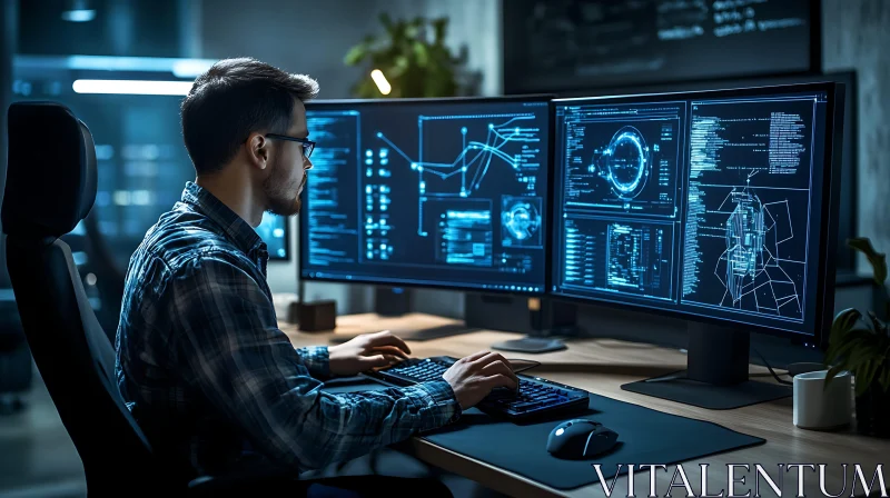 Man Coding with Data Visualization Screens AI Image