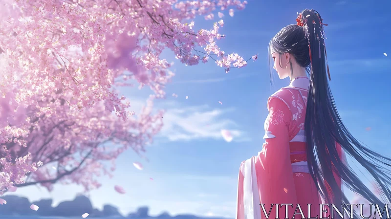 AI ART Anime Woman in Kimono with Cherry Blossoms