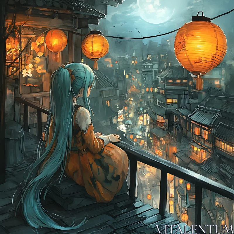 Serene Night View from Balcony in Anime Art AI Image