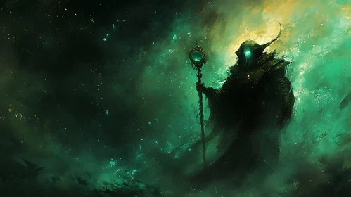 Mystic Figure with Staff in Green Haze
