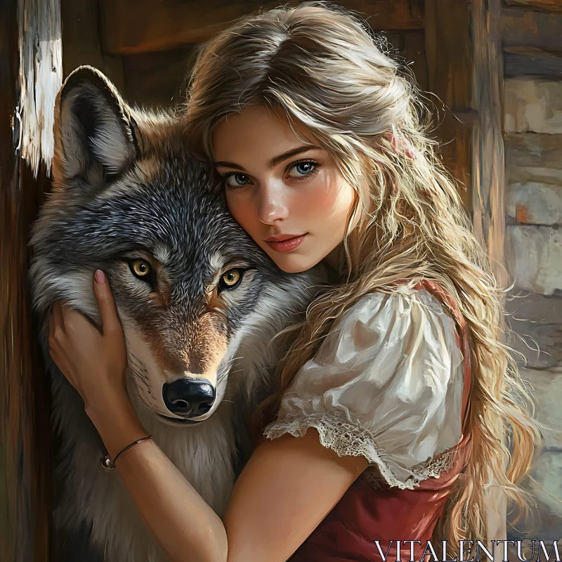 AI ART Woman's Embrace: Serene Portrait with Wolf