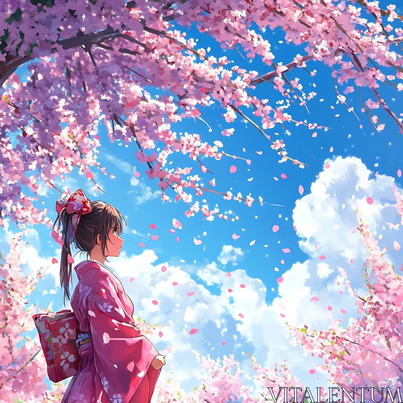 Spring Day with Cherry Blossoms and Kimono-Clad Woman AI Image