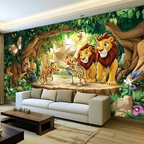 Cheerful Cartoon Animal Family in Jungle Mural