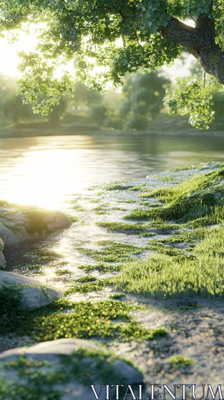 Peaceful Lakeside with Sunlight and Greenery AI Image