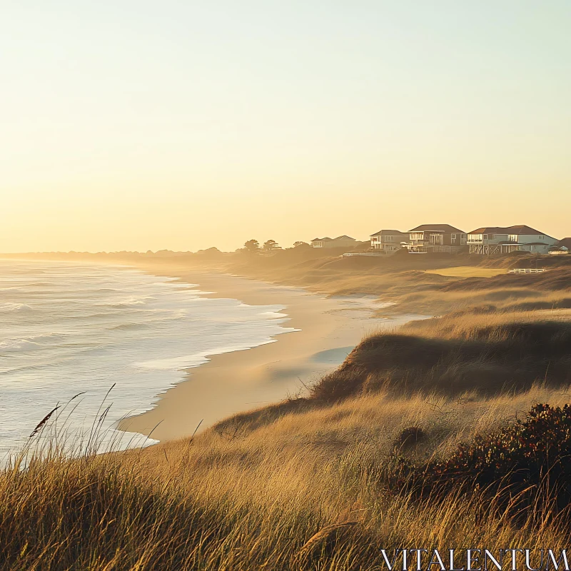 Seaside Houses at Sunset AI Image