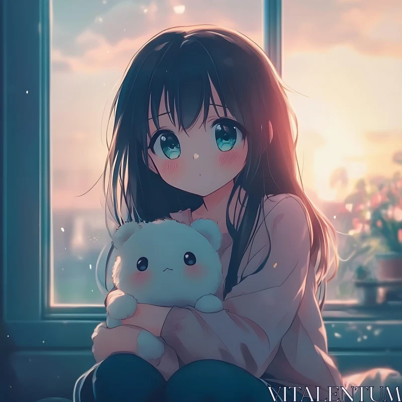 AI ART Serene Anime Girl Hugging Plush Toy during Sunset