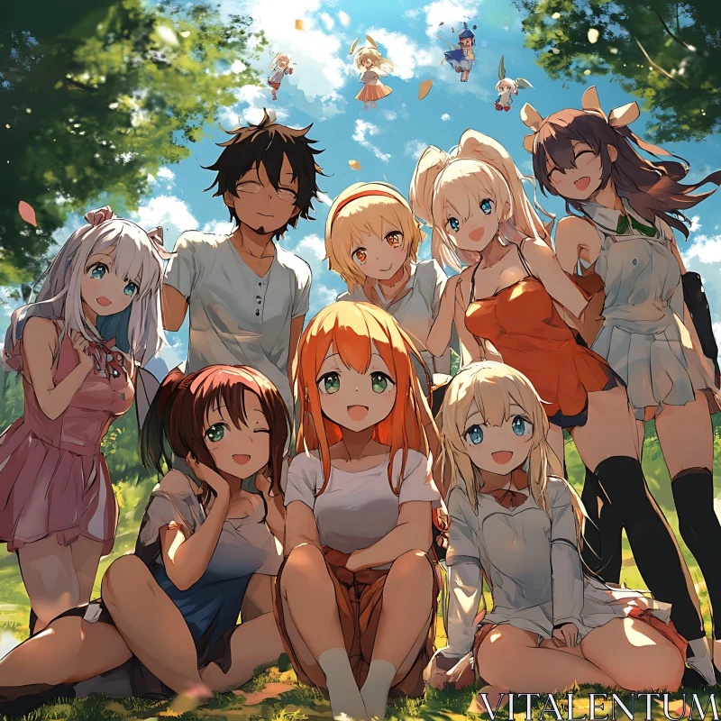 Lively Gathering of Anime Characters in Sunlit Park AI Image