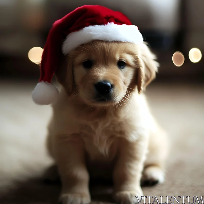 Cute Golden Retriever Puppy in Festive Santa Hat AI Image