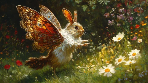 Whimsical Winged Rabbit Among Flowers
