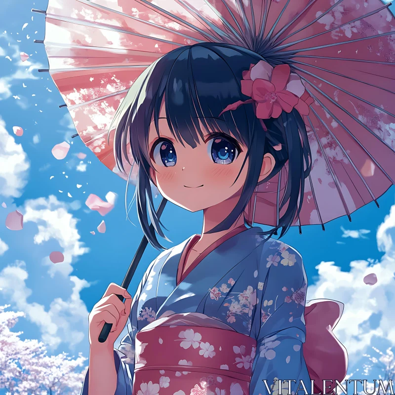 AI ART Young Girl in Traditional Kimono with Flower Umbrella