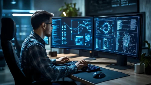 Man Coding with Data Visualization Screens