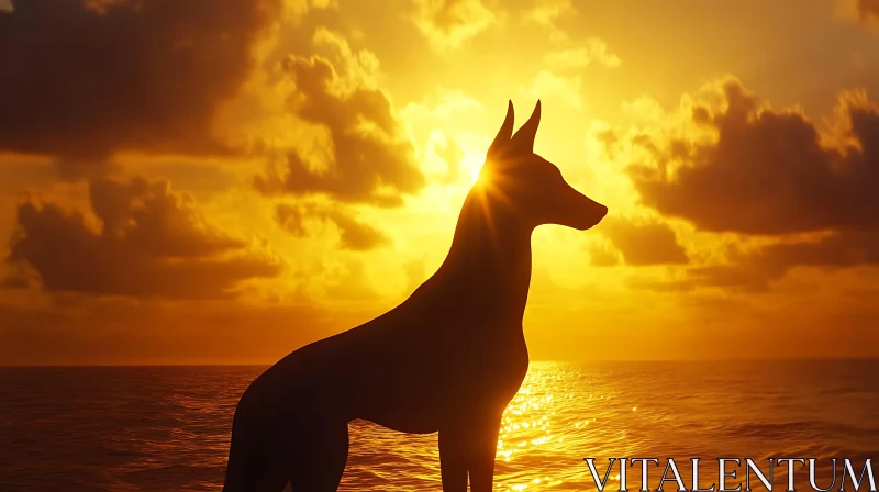 Dog Silhouette During Ocean Sunset AI Image