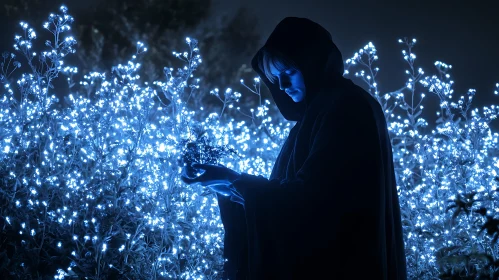 Hooded Figure with Glowing Plants