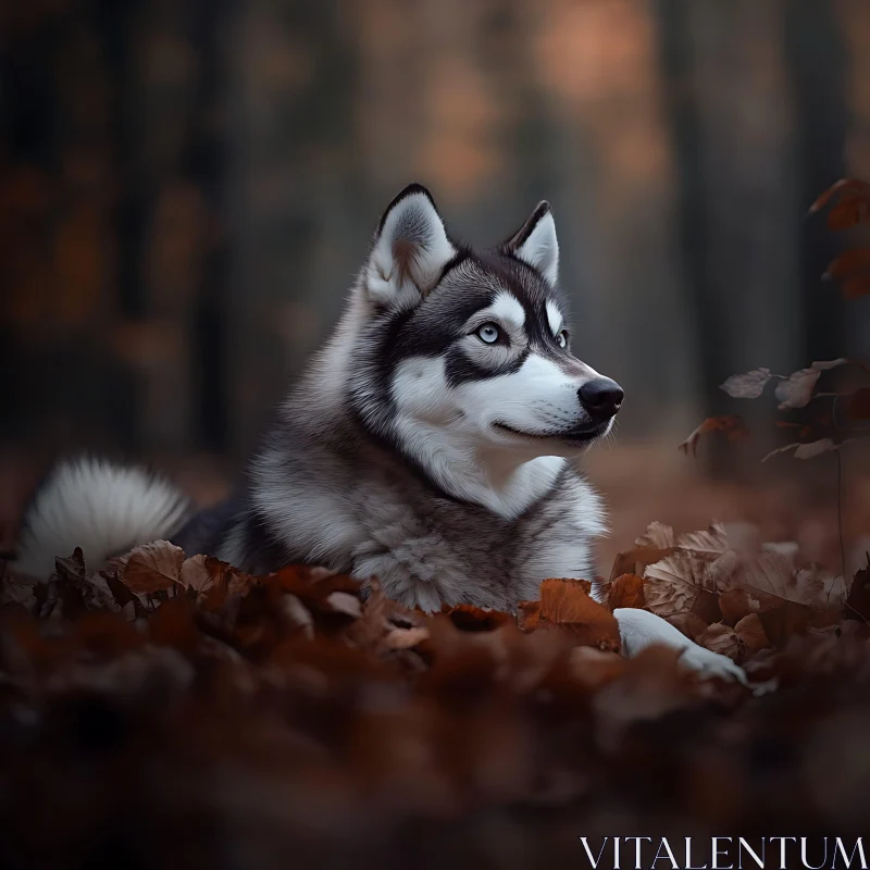 Siberian Husky Amidst Autumn Leaves AI Image