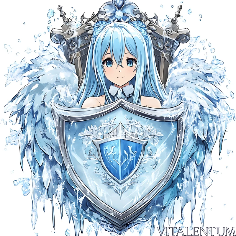 AI ART Icy Blue-Haired Anime Character with Shield and Wings