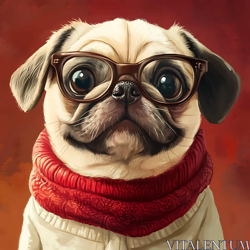 Adorable Pug Art with Glasses and Scarf AI Image