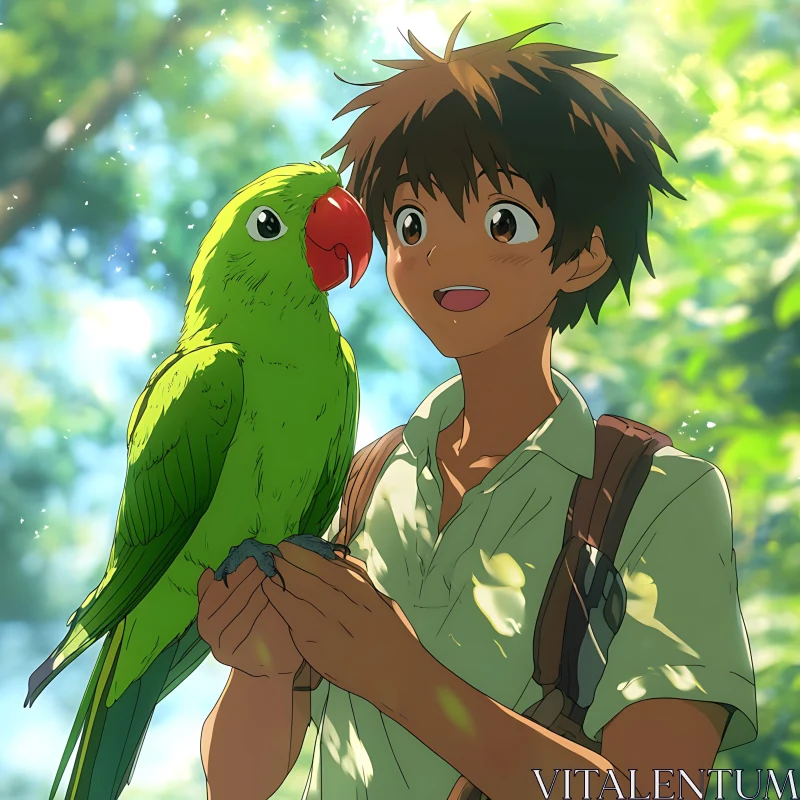 Young Boy with Parrot in an Enchanted Forest AI Image