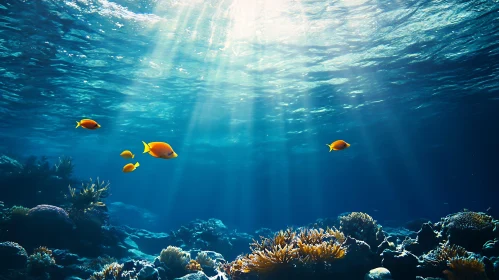 Sunlit Coral Reef with Swimming Fish