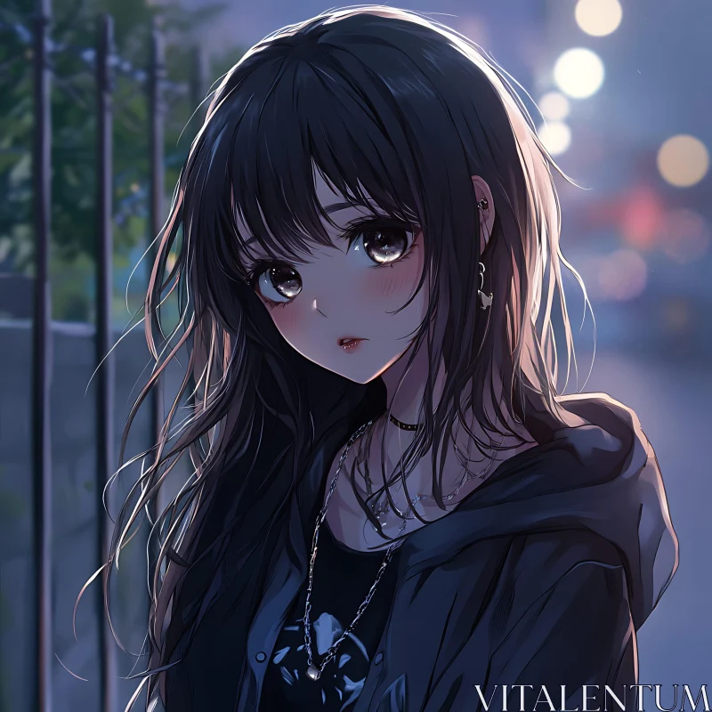 Anime Girl with Expressive Eyes in Night Setting AI Image