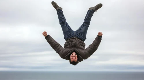 Joyful Inversion: Man's Skyward Leap of Happiness