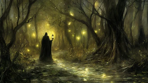 Cloaked Figure in Mysterious Forest