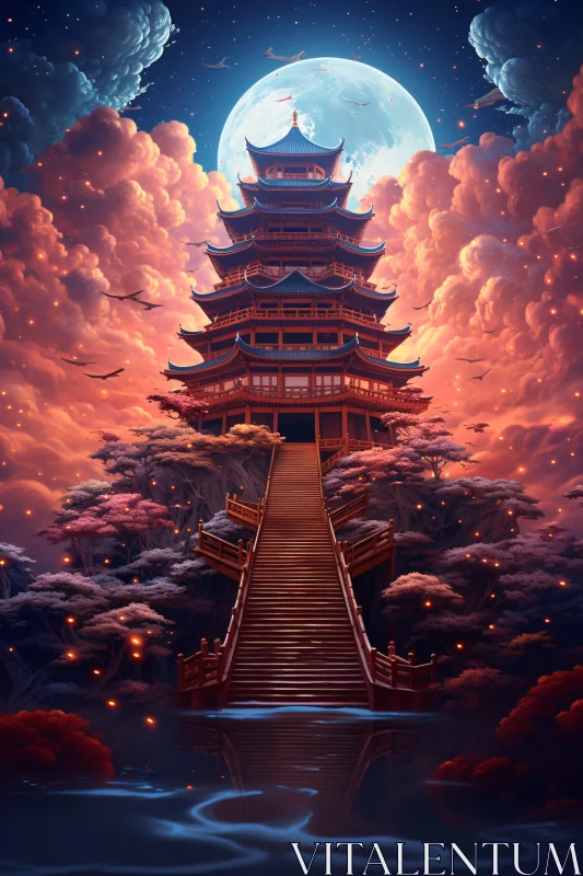 AI ART Magical Pagoda Amidst Enchanting Moonlit Clouds