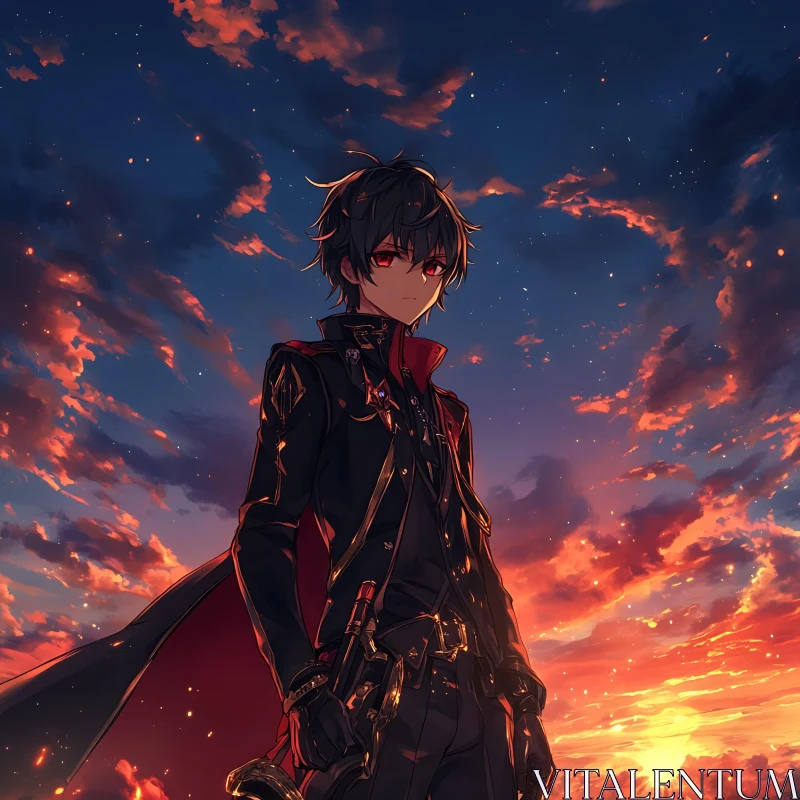 Sunset Anime Scene with Dark-Haired Character AI Image