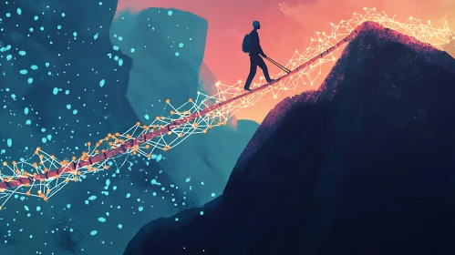 Silhouette Climbing Connected Mountain Art