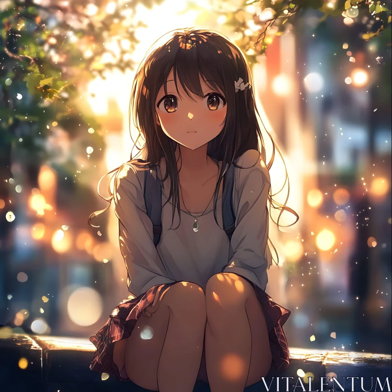 Contemplative Anime Girl in Warm Bokeh AI Image