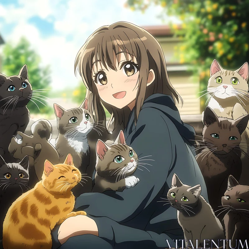 AI ART Anime Girl with Cats in Garden