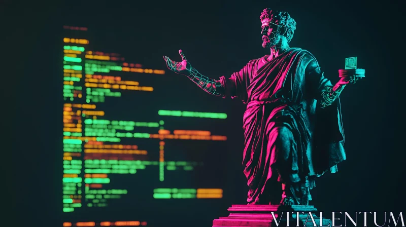 AI ART Ancient Meets Modern: Statue in Neon Code