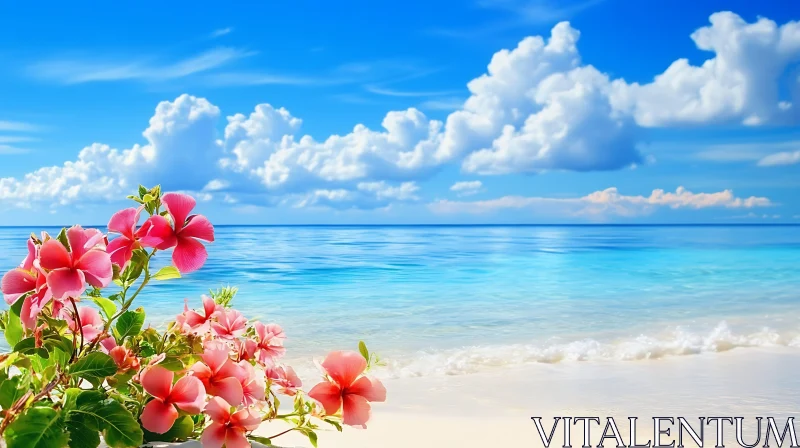 AI ART Tropical Beach with Pink Flowers