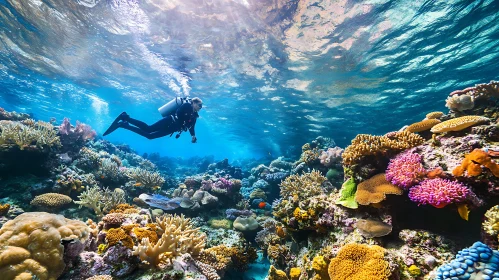 Diver Exploring a Thriving Coral Reef