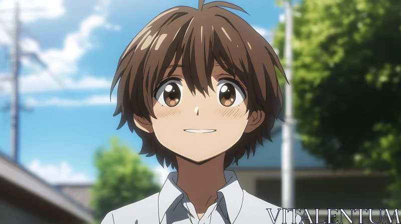 Smiling Anime Boy with Brown Hair and Brown Eyes AI Image