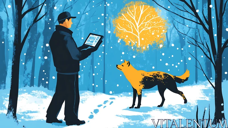 Snowy Forest Scene with Dog and Tablet AI Image