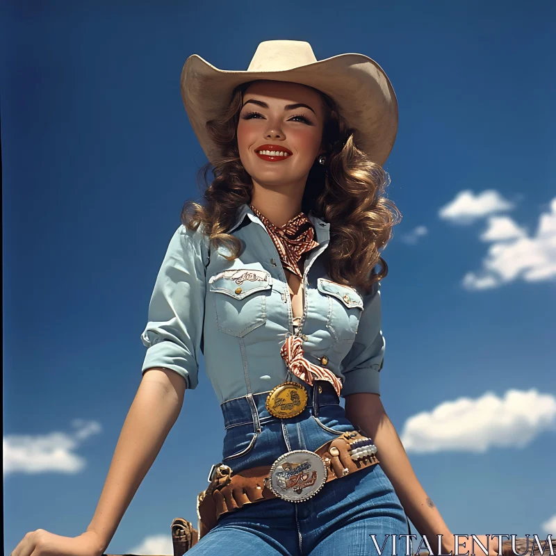 AI ART Denim Cowgirl Against Azure Sky