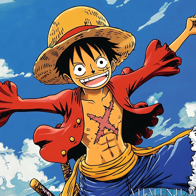 Happy Anime Adventurer with Straw Hat and Blue Sky AI Image