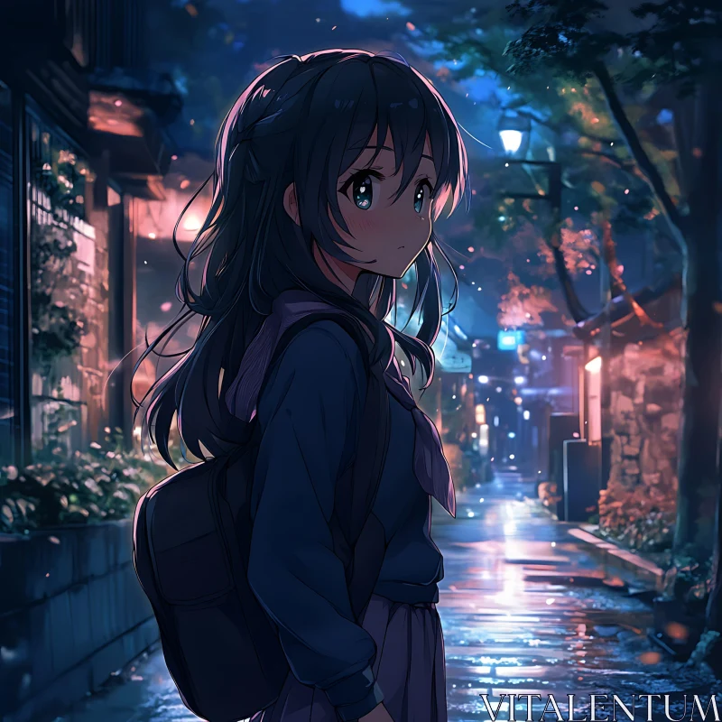 Young Anime Girl Standing on Quiet Nighttime Street AI Image