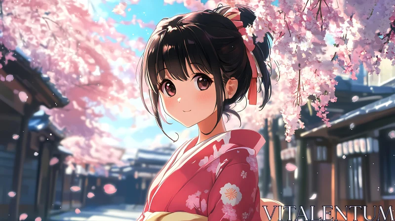 Elegant Anime Girl Amidst Springtime Cherry Blossoms AI Image