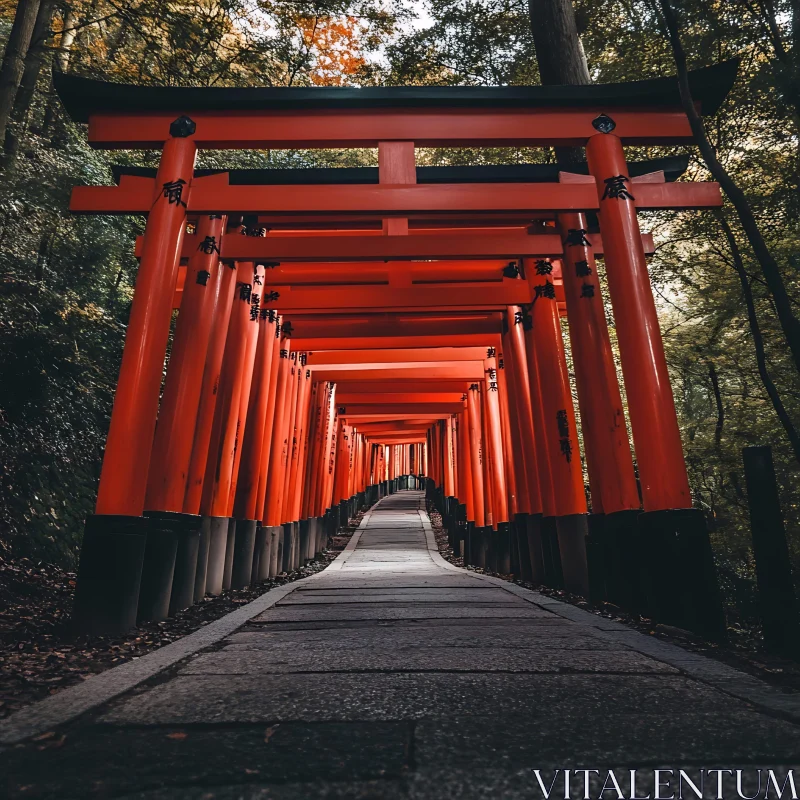 Tranquil Forest Path with Red Gates AI Image