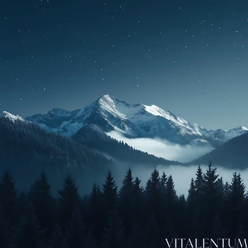 Snowy Peaks Under a Starry Sky AI Image