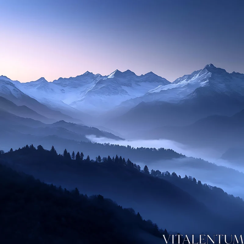 Misty Blue Mountain Range Vista AI Image